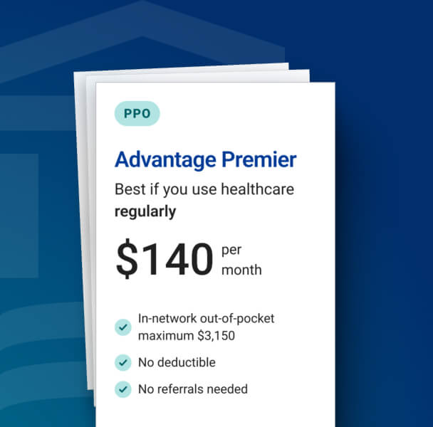 Graphic showing details for the 2025 Advantage Premier PPO plan with $140/mo premium and $3,150 out-of-pocket maximum. 